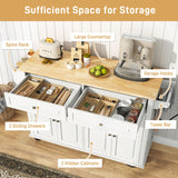 Hlivelood 55" Movable Kitchen Island with Drop Leaf and Power Outlet, Rolling Island Cart w/Storage Cabinet, Island Table on Wheels for Kitchen w/2 Drawers, Spice Rack, Towel Bar, Garage Hook, White Hlivelood