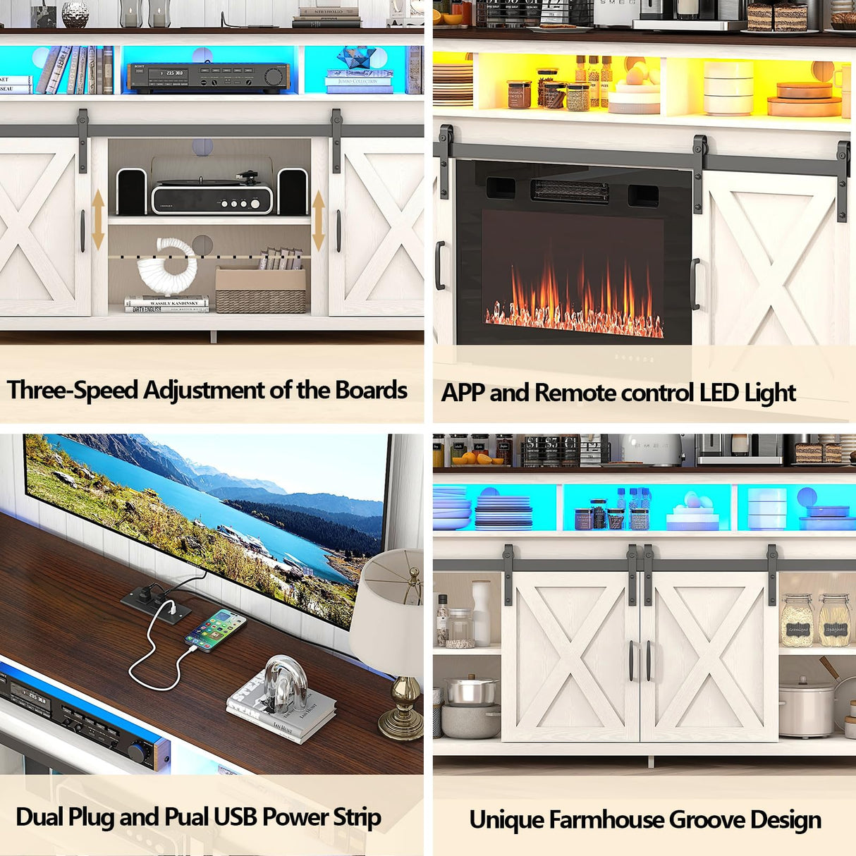 Vinctik 6&Fox 57” Wooden Farmhouse TV Stand for 60/65 inch TV,Double Layer Storage Entertainment Center TV Console Table,w Double-Row Sockets and 2 Sliding Barn Door,Media Cable Box(White) Vinctik 6&Fox