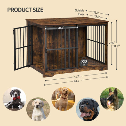 Hzuaneri Dog Crate Furniture, 44.1" Double Door Dog Crate with Barn Door, Dog Kennel Indoor, End Side Table Wooden Dog Crate for Small Medium Large Dog, Anti-Chew Anti-Escape, Rustic Brown - WoodArtSupply