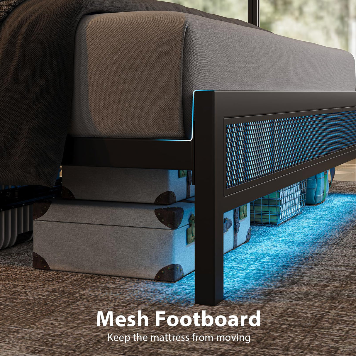 ZENBEDING Led Bed Frame Queen Size, Metal Platform Bed Frame with 2-Tier Storage Headboard, Mesh Queen Bedframe with Charging Station, Easy Assembly and No Box Spring Needed (Rustic Brown) ZENBEDING