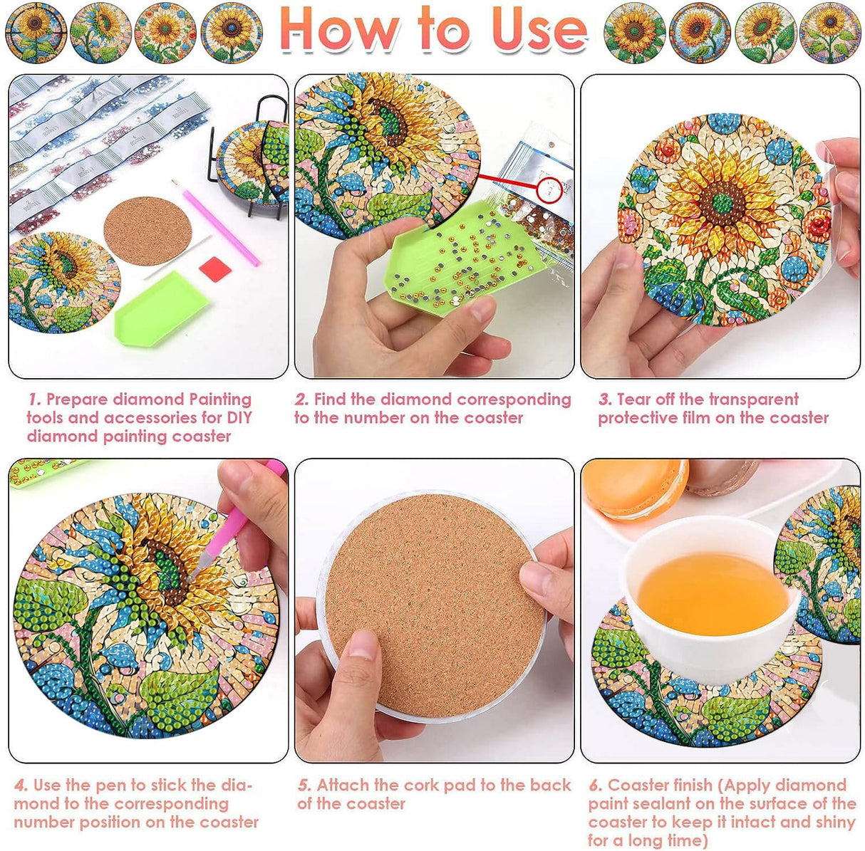 ijbnhd 8 PCS Sunflower Diamond Painting Coasters Sunflower Diamond Art Coasters with Holder DIY for Adults, 5D Diamond Crafts Supplies (Cork Wooden Pad) ijbnhd