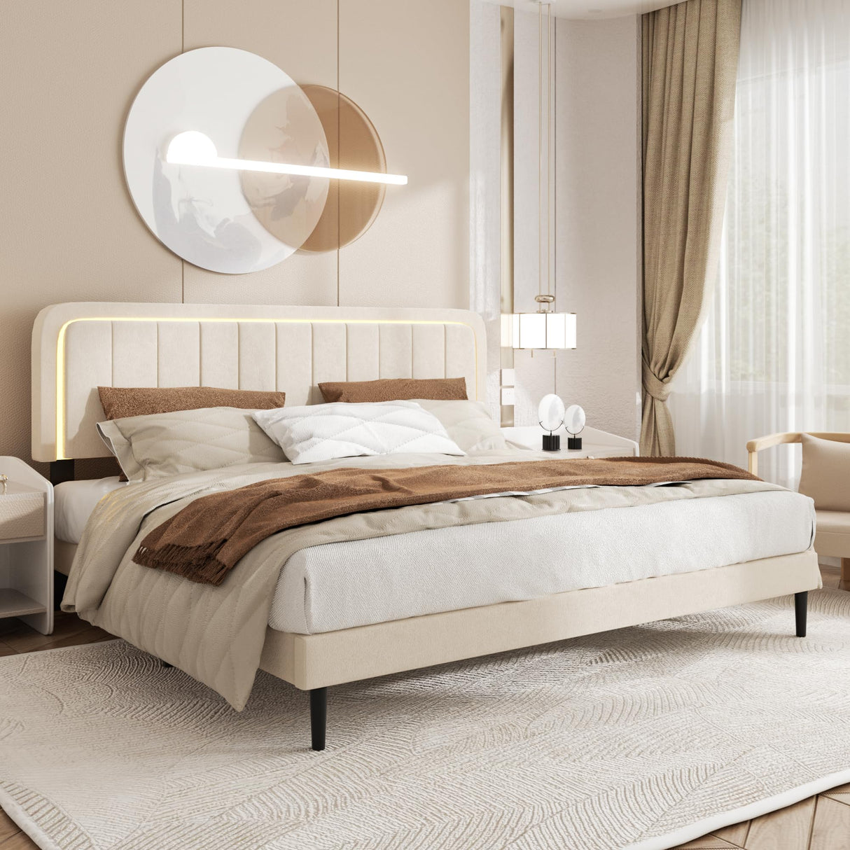 CXVX Adjustable Velvet Platform Queen Size Bed with LED Lights, Charging Station & Wooden Slats, Upholstered Bed Frame with Headboard, Noise-Free Mattress Foundation, No Box Spring Required CXVX