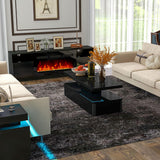 oneinmil 4-Piece Table Set Includes A Modern Coffee Table, A 70 Inch TV Stand with 36 Inch Electric Fireplace and 2 LED Light Nightstands, Elegant Black Tables for Living Room, Bedroom, Black oneinmil