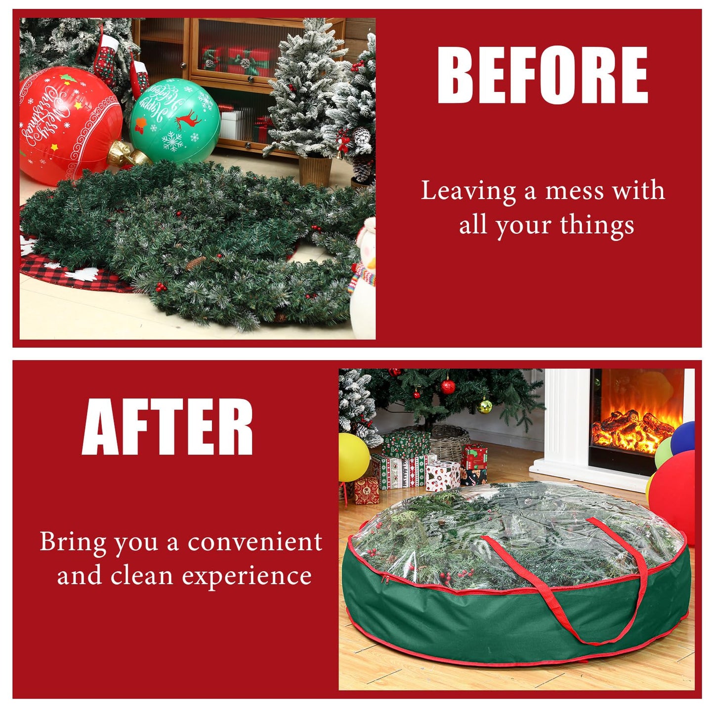 Abbylike 2 Pcs 48'' Christmas Wreath Storage Container Xmas Extra Large Zippered Wreath Storage Bag with Handles and Clear Window Jumbo Garland Wreath Box Holiday 600d Oxford Wreath Bag (Green)