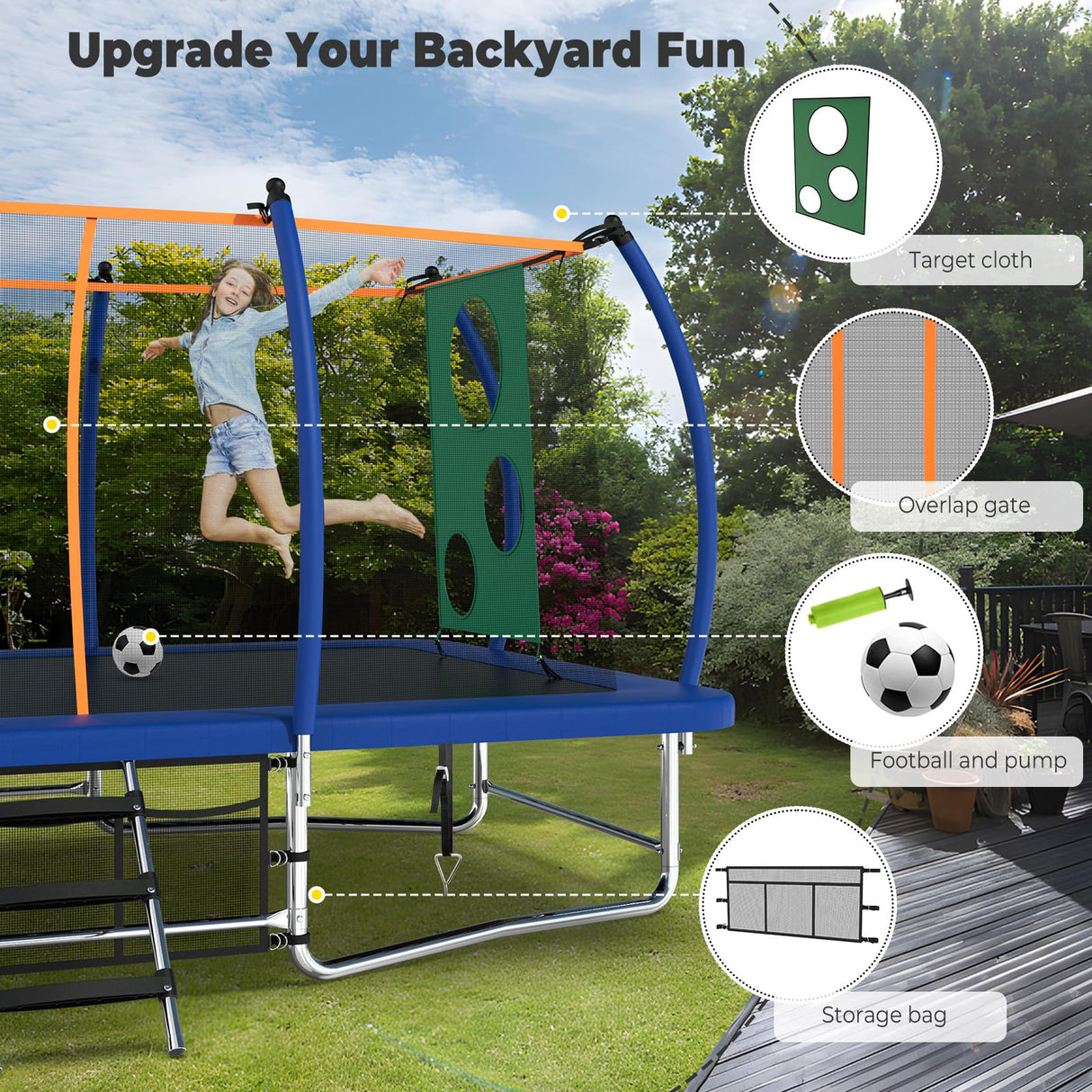 Lyromix 16FT Outdoor Rectangle Trampoline for Kids and Adults, Rectangular Trampoline with Curved Poles, Pumpkin Trampolin with Light, Sprinkler, Soccer and Storage Bag Lyromix