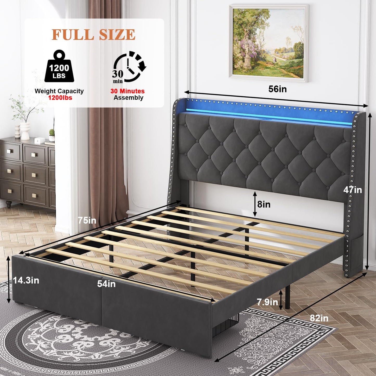 TIGUBFRE Dark Grey Upholstered Full Size Bed Frame with LED Lights and Storage Drawers - WoodArtSupply