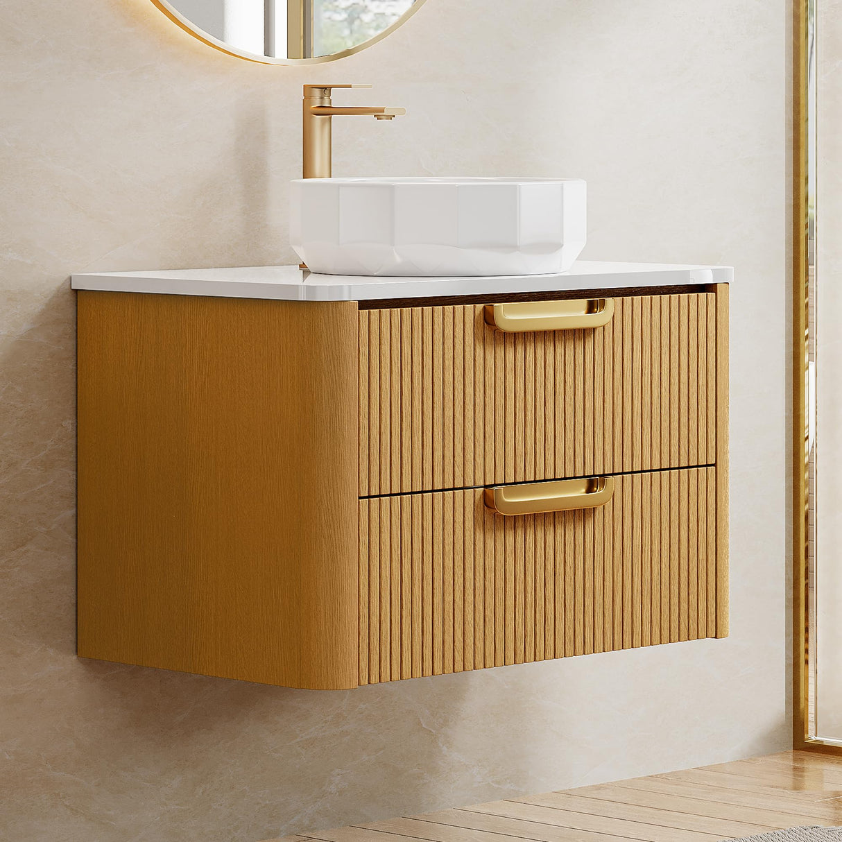 YITAHOME 30 Inch Floating Bathroom Vanity with Sink, Wall-Mounted Vanity with Engineered White Stone Top, 2 Large Storage Drawers with Faceted Ceramic Basin, Wood Grain Texture, Light Walnut YITAHOME