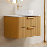 YITAHOME 30 Inch Floating Bathroom Vanity with Sink, Wall-Mounted Vanity with Engineered White Stone Top, 2 Large Storage Drawers with Faceted Ceramic Basin, Wood Grain Texture, Light Walnut YITAHOME