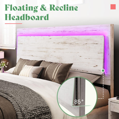AMERLIFE Distressed White Full Bed Frame with Floating Design, Recline Headboard & Versatile RGB LED Lighting AMERLIFE