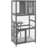 PawHut 74" Wooden Catio Outdoor Cat House Weatherproof & Wheeled, Outside Cat Enclosure with High Weight Capacity, Kitten Cage Condo, Light Gray PawHut