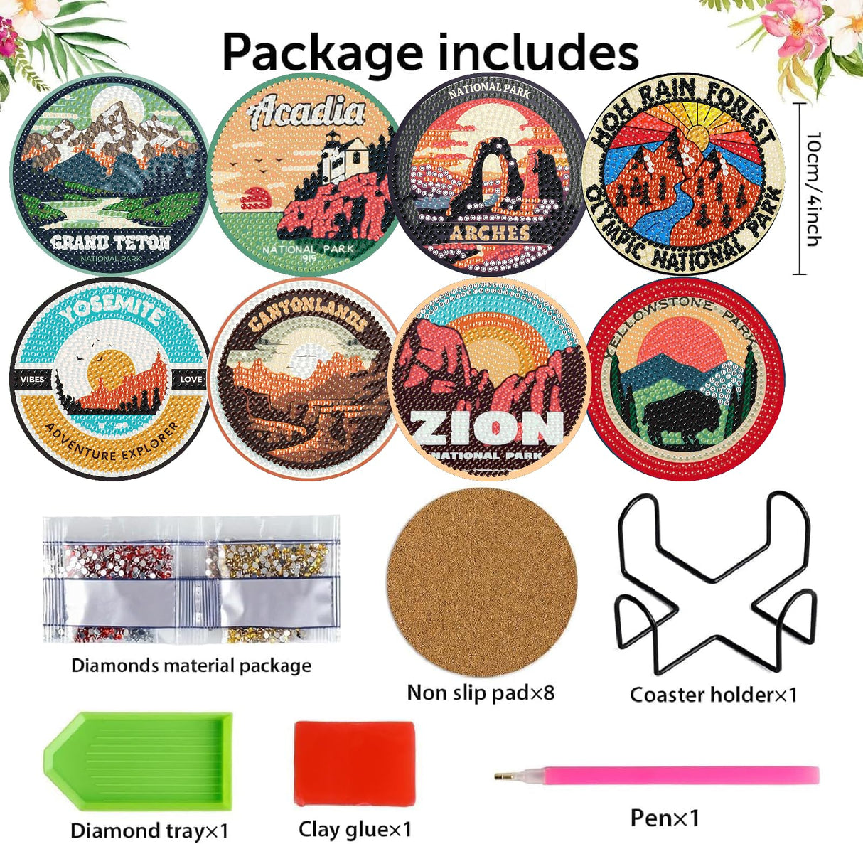 NEGEKFKX 8 Pcs National Park Diamond Art Painting Coasters Kits, Coaster with Holder for Adults, Non-Slip DIY Dot Paint Craft Kits,5D Full Drill DIY Diamond Dot Gem Art Kit Home Decor Arts Craft NEGEKFKX
