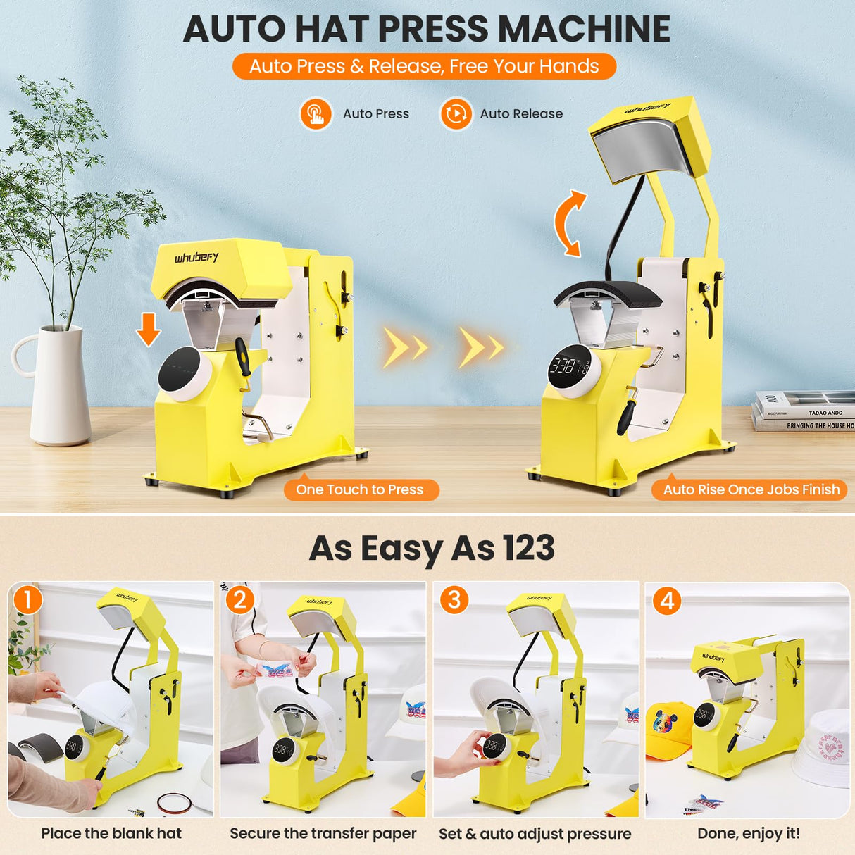 Whubefy 3in1 Hat Press Heat Machine for Caps - Auto Hat Heat Press w/3 Platens - No Crease No Stick - One-Touch Easy Press Cap Heat Press for Hats T-Shirts Small HTV Iron on Vinyl Sublimation Projects Whubefy
