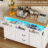 Tiptiper Buffet Sideboard Cabinet with Storage & LED Lights, 6 Drawers & 2 Sliding Barn Door, Farmhouse Buffet Table Coffee Bar Storage Cabinet for Dining Room, Living Room (White) Tiptiper