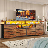 HAUOMS TV Stand Dresser for 65 Inch TV, 63" W Dresser with LED Lights & Power Outlets, Rustic Brown Long Dresser with 12 Fabric Drawers, Entertainment Center with Shelves,for Bedroom HAUOMS