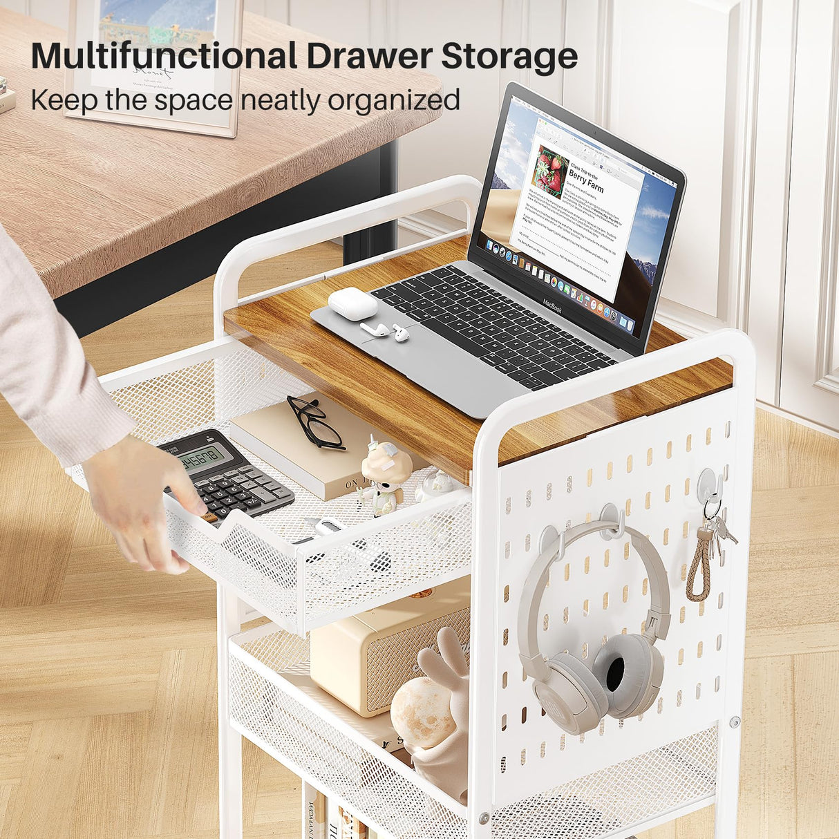 3-Tier Rolling Utility Cart with Wheels - Metal Cart with Wood Tabletop, Slide Drawer and Pegboards & Hooks, Versatile Storage Organizer Cart for Home Office Kitchen, White SNTD