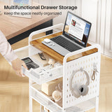3-Tier Rolling Utility Cart with Wheels - Metal Cart with Wood Tabletop, Slide Drawer and Pegboards & Hooks, Versatile Storage Organizer Cart for Home Office Kitchen, White SNTD