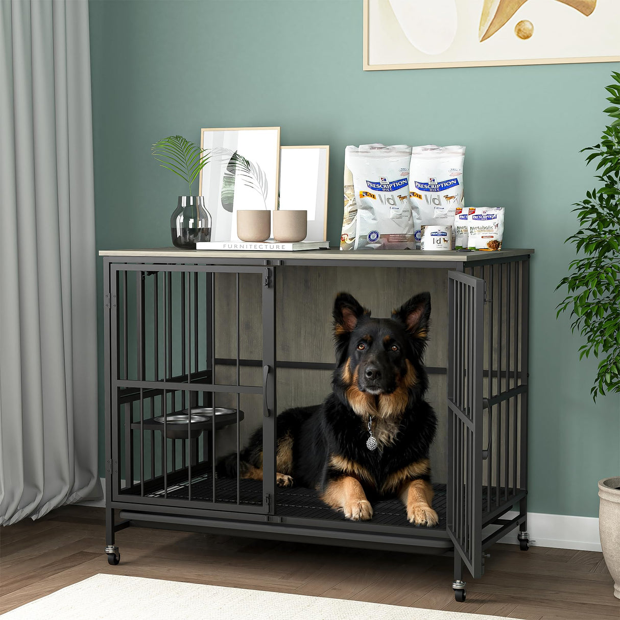 Dog Crate Furniture, Modern Dog Crate Table for Medium Large Dogs, Wooden Dog Kennel Indoor End Table with Removable Tray, Double-Door Dog House with Wheels, Heavy Duty Dog Cage with Flip-Top (Grey) VERYKE
