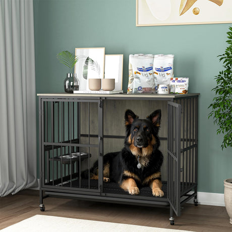 Dog Crate Furniture, Modern Dog Crate Table for Medium Large Dogs, Wooden Dog Kennel Indoor End Table with Removable Tray, Double-Door Dog House with Wheels, Heavy Duty Dog Cage with Flip-Top (Grey) VERYKE