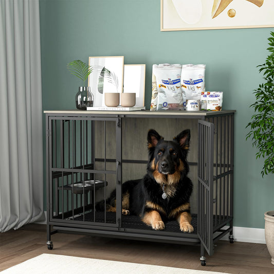 Dog Crate Furniture, Modern Dog Crate Table for Medium Large Dogs, Wooden Dog Kennel Indoor End Table with Removable Tray, Double-Door Dog House with Wheels, Heavy Duty Dog Cage with Flip-Top - WoodArtSupply