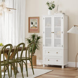 FOTOSOK Kitchen Pantry Storage Cabinet, Tall Cabinet with Rattan Doors and 2 Drawers, Freestanding Cupboard with Adjustable Shelves, Utility Pantry for Kitchen, Dining Room,White FOTOSOK