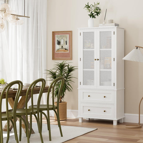 FOTOSOK Kitchen Pantry Storage Cabinet, Tall Cabinet with Rattan Doors and 2 Drawers, Freestanding Cupboard with Adjustable Shelves, Utility Pantry for Kitchen, Dining Room,White FOTOSOK