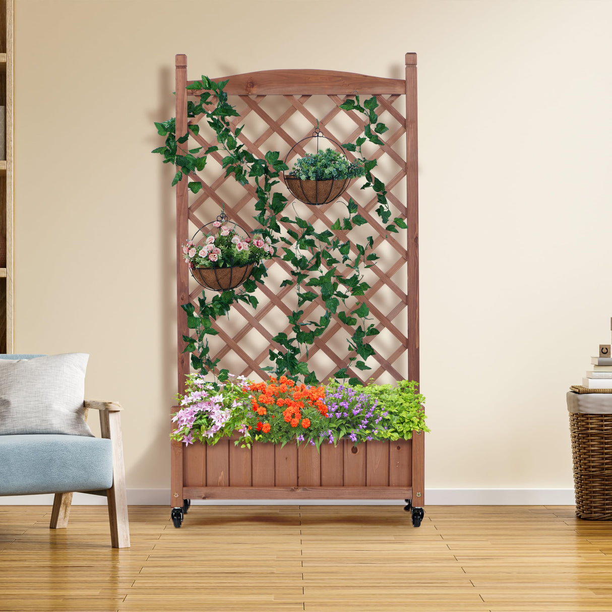 Raised Garden Bed with Trellies 2 Pack, Outdoor Wooden Planter Box & Plant Stand with Climbing Racks Wood-Natrl