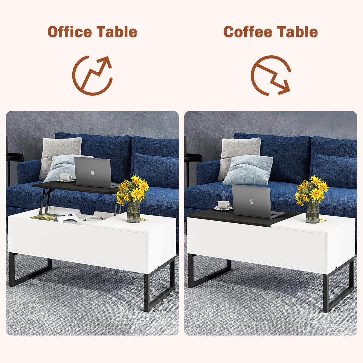 Koifuxii White Coffee Table with Black Lift Top - Modern Industrial Coffee Table with Lifting Top and Hide Compartment Storage - 40 Inch Rectangle Lift Coffee Tables for Living Room Koifuxii