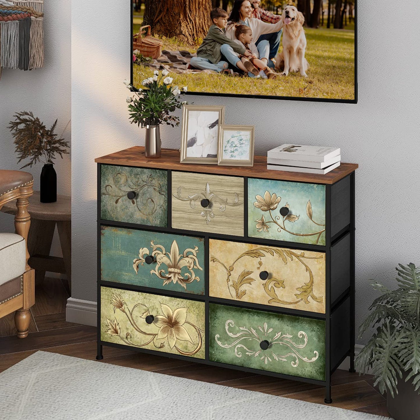 Tohomeor Dresser with Drawers for Bedroom Chest of Drawers Fabric Dresser for Closet,Nursery Entryway Hall Tree TV Stand for Living Room Retro Floral Pattern Drawers Wooden Top (7 Drawers)