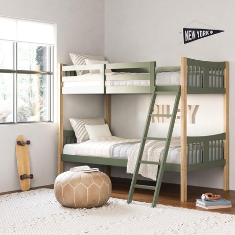 Storkcraft Caribou Bunk Bed Twin Over Twin Bunk Bed (Olive and Natural) - GREENGUARD Gold Certified, Twin Bunk Beds for Kids, Converts to 2 Individual Twin Beds (Mattress not Included) Storkcraft