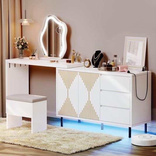 DWVO LED Vanity desk with Mirror and Lights - 360° Rotatable Makeup Vanity with 5 Drawers, Modern Makeup Table with Fluted Panel Doors Adjustable Shelf, Extensible from 47.2" to 91.2", White - WoodArtSupply