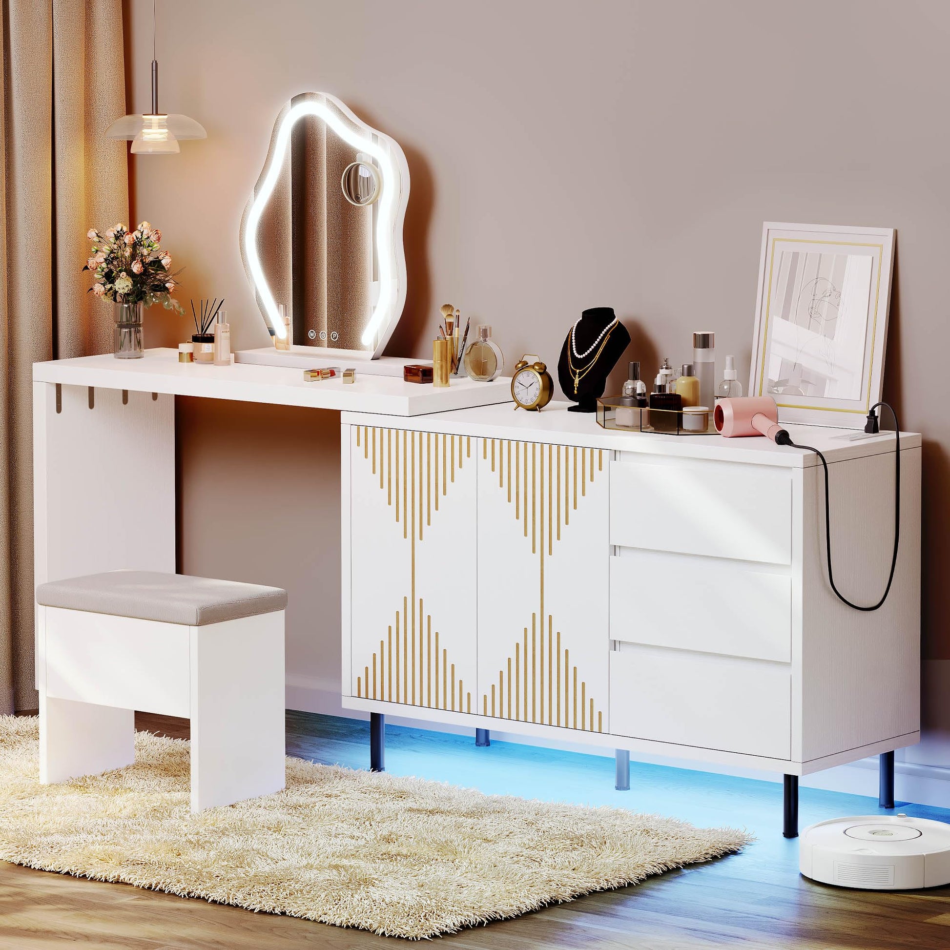 YITAHOME White Vanity Desk with Large Makeup Mirror and Lights, Makeup Vanity with 5 Drawers, Dresser Table with Power Outlet, Makeup Desk with Led Lighted Mirror in 3 Colors, for Bedroom - WoodArtSupply