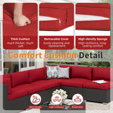Oakcloud 7-Piece Outdoor Patio Furniture Sofa Set Black Rattan Wicker Sectional Conversation Sets with Glass Top Table and Cushions(Red) Oakcloud