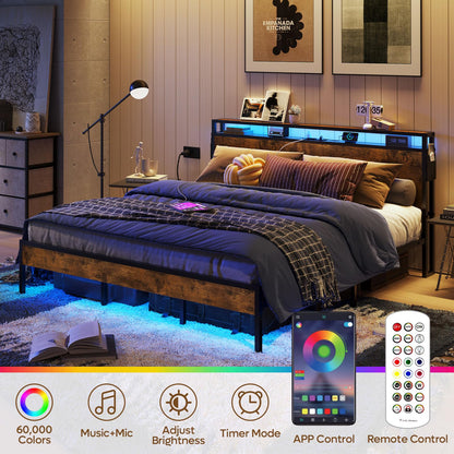 Bestier King Size Bed Frame with Headboard, Dual LED Lights, and Integrated Charging Station - WoodArtSupply