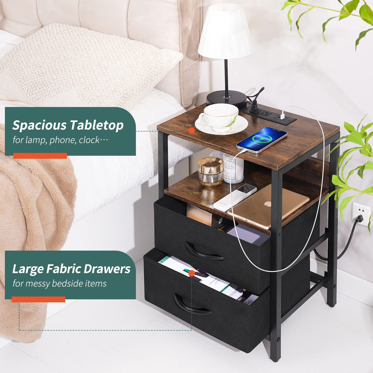 Yoobure Nightstand with Charging Station, Small Night Stand with Fabric Drawers and Storage Shelf for Bedrooms, Nightstands for Small Spaces, Bedside Table with USB Ports & Outlets, Bed Side Table Yoobure