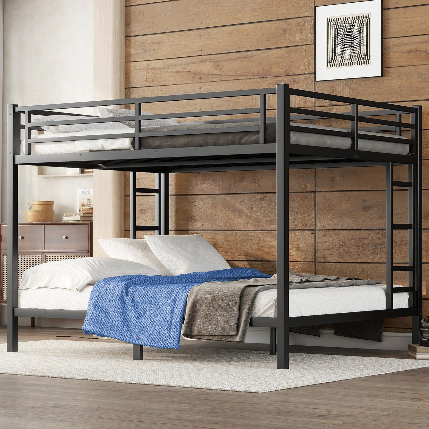 Thctvous Queen Over Queen Bunk Bed,Heavy Duty Metal Bunk Bed Frame for Adults,2 Side Ladder,Guardrail,Space-Saving,Noise Reduced,No Box Spring Needed,Black (Queen Over Queen)