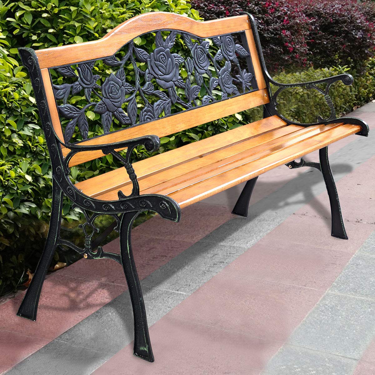 Giantex 50 Inch Patio Bench, Outdoor Furniture Rose Cast Iron Hardwood Frame Porch Loveseat, Weather Proof Porch Path Chair for 2 Person Outside Bench Giantex