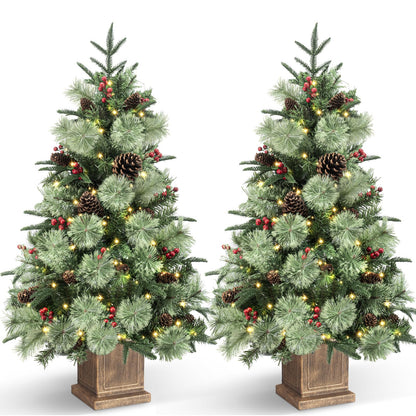 Jin&Bao 4FT Potted Christmas Tree with 100 Lights, Artificial Christmas Tree Outdoor Decor 8 Mode Timer Waterproof with Long Pine Cones & Red Berries for Front Door, Porch, 2 Pack