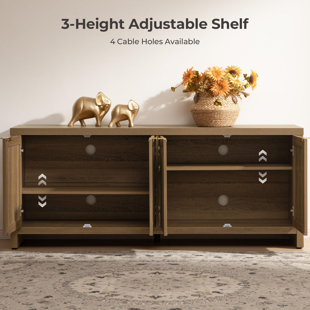 SICOTAS TV Stand for Living Room Rattan Entertainment Center for Bedroom with 4 Rattan Cabinets Farmhouse Television Stands with Storage Large Media Console Table for TVs up to 50 55 60 65 Inch SICOTAS