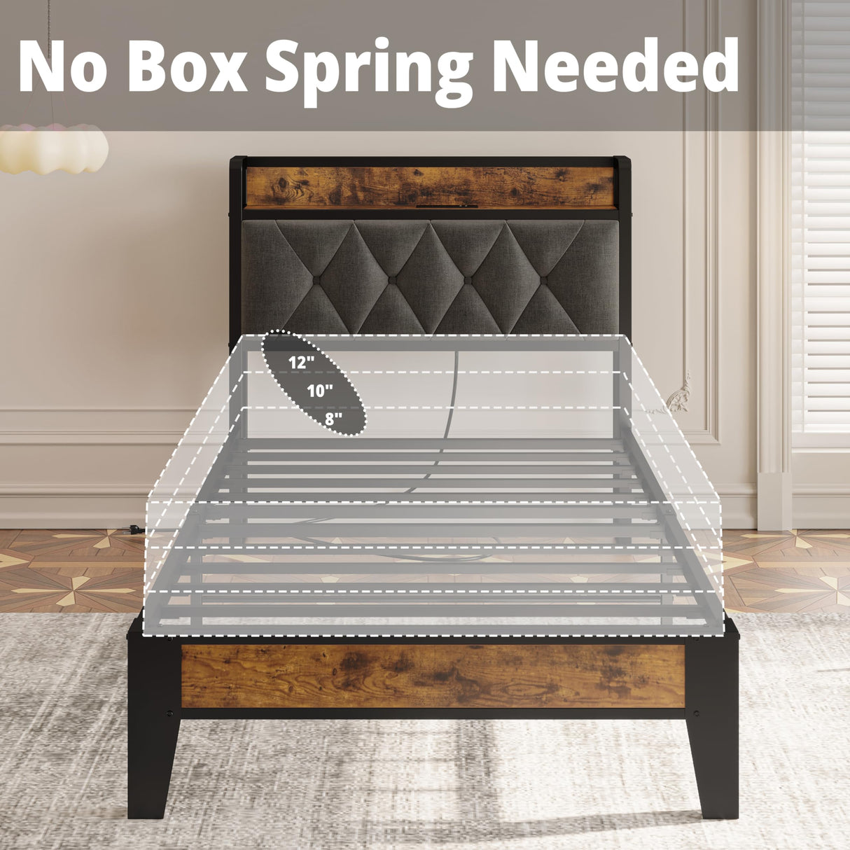 ANCTOR Twin Bed Frames, Storage Headboard with Outlets, Easy to Install, Sturdy and Stable, No Noise, No Box Springs Needed - Perfect for a Good Night's Sleep ANCTOR