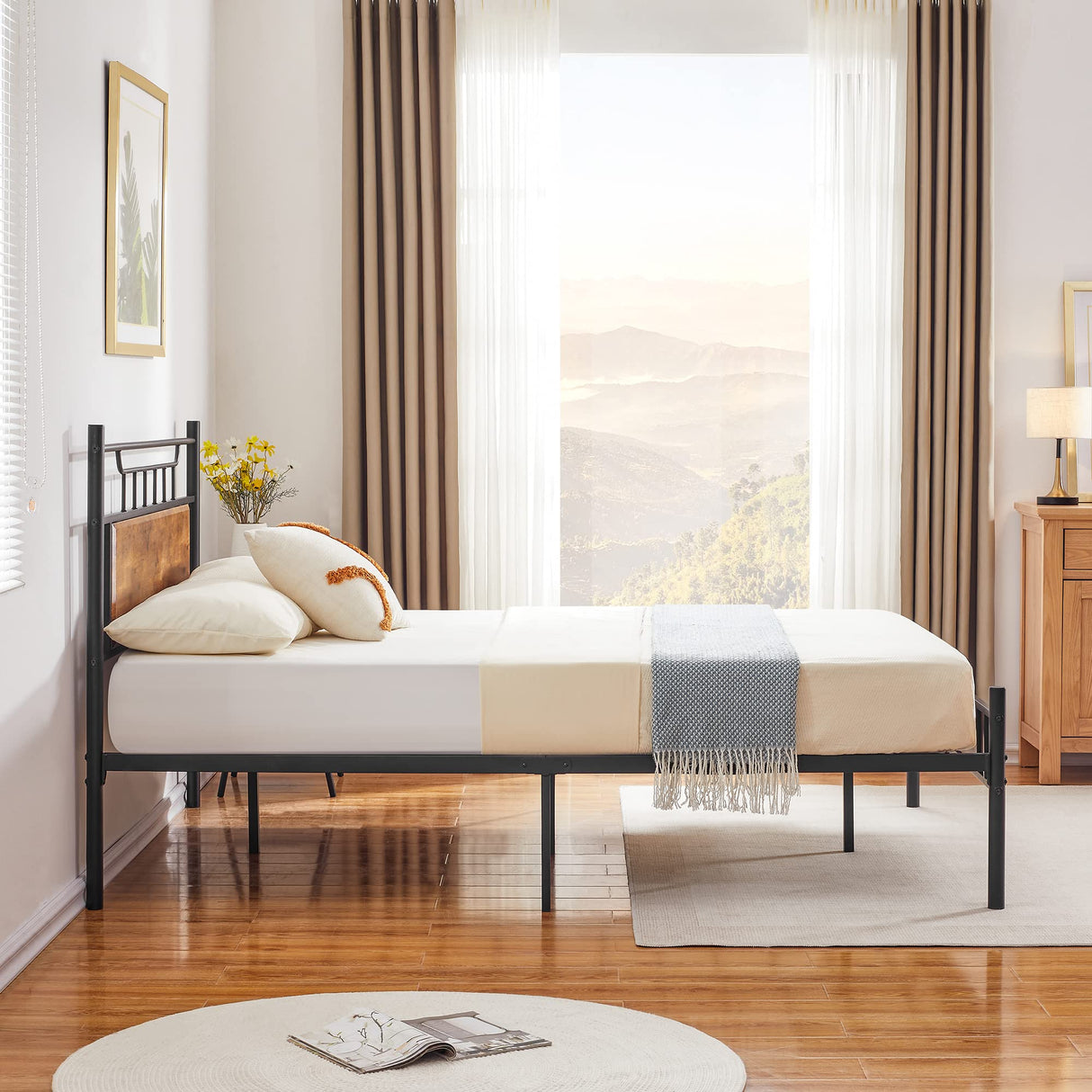 VECELO Rustic Industrial Queen Platform Bed Frame with Wood Headboard - No Box Spring Needed, Brown VECELO