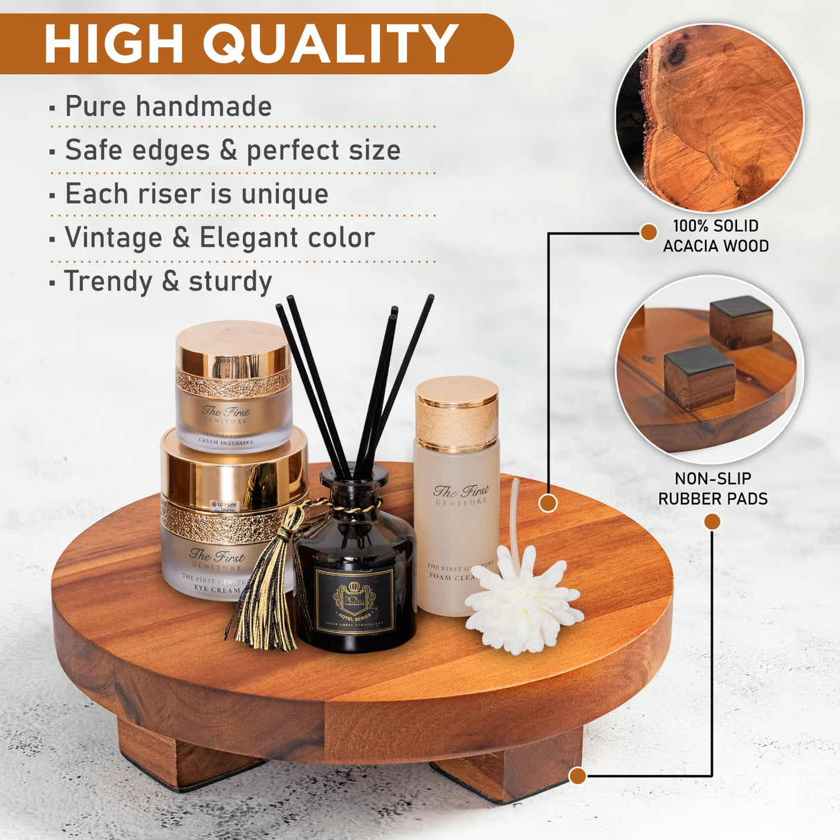 Demigo Round Wood Riser Board 9.5 inches, Natural Acacia Wood, Farmhouse Plant Holder, Multi-Purpose Display Stand, Wooden Pedestal for Soap, Plants, Candles, Countertop, Kitchen, Bathroom Demigo