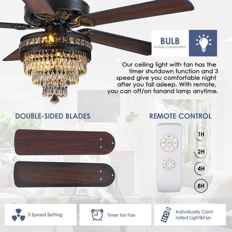Crystal Ceiling Fan Fandelier with Lights - Modern Outdoor Fans with Remote Control，Noiseless AC Motor, Retro/Farmhouse Lighting, Dining Room， Living Room (52" Asyko