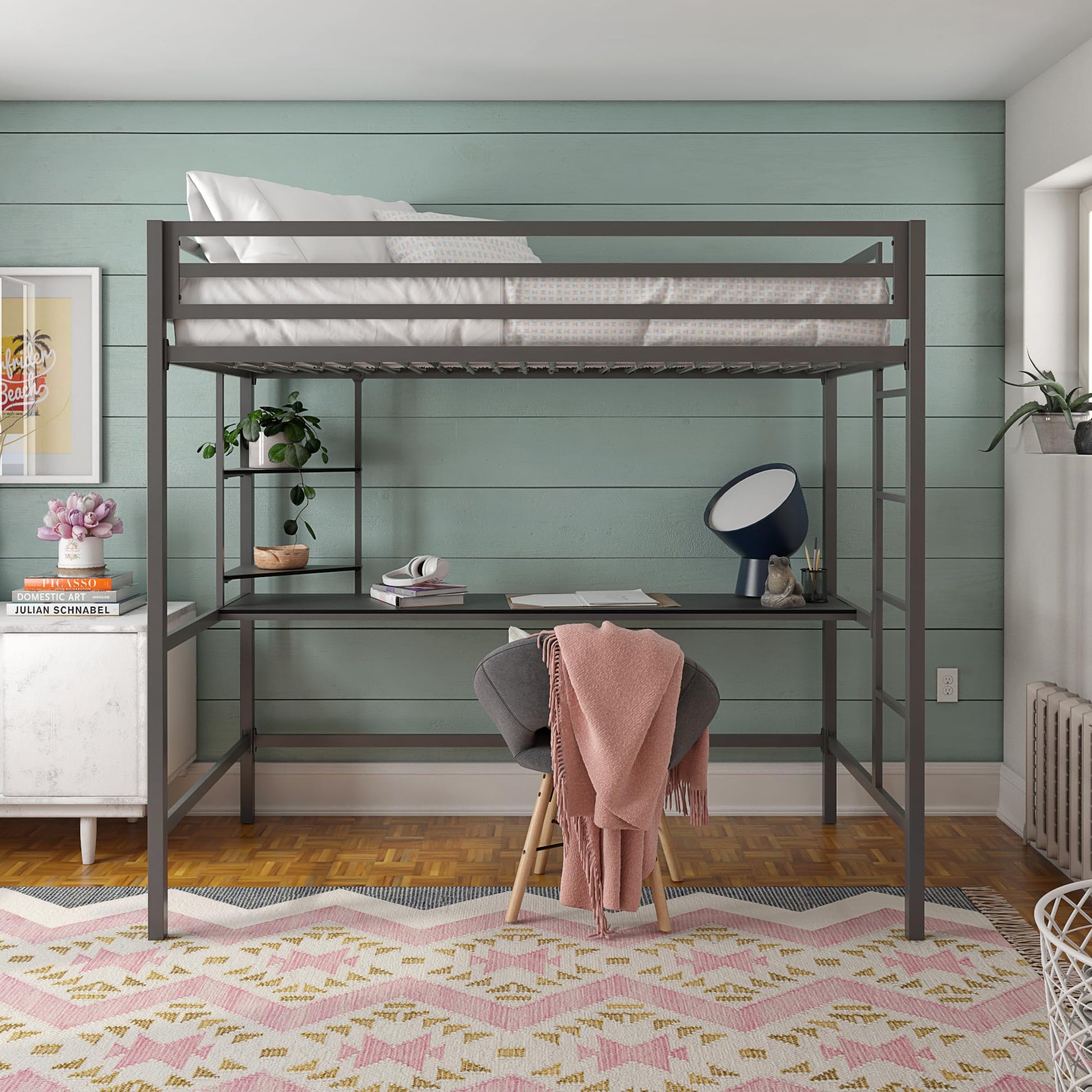 Novogratz Maxwell Grey Metal Twin Loft Bed with Integrated Desk & Shelves - WoodArtSupply