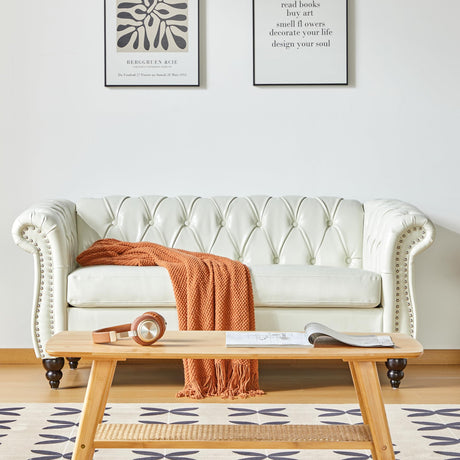 RUSTYER Chesterfield Loveseat Sofa, Modern Leather Small Sofa Couch 2 Seater with Rolled Arms and Nailhead, Mid Century Modern Loveseat Couch for Small Spaces Living Room Bedroom Apartment, White RUSTYER