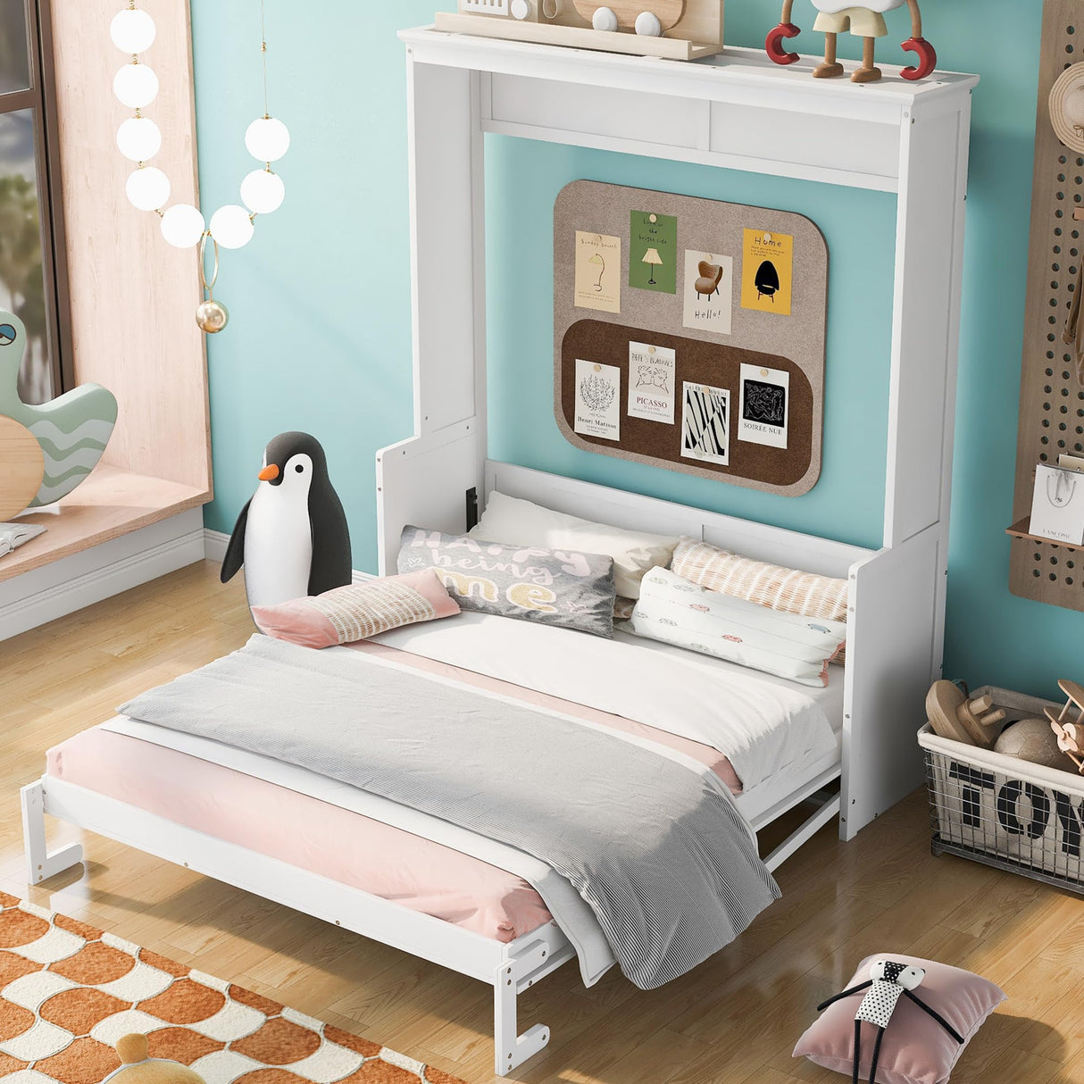 Ball & Cast Queen Size Murphy Bed with a Shelf,Wooden Space-Saving Wall Cabinet Bed Frame,w/Slat Support,for Kids Bedroom,Student Dorms,Guest Rooms,Studio,Office,White Ball & Cast