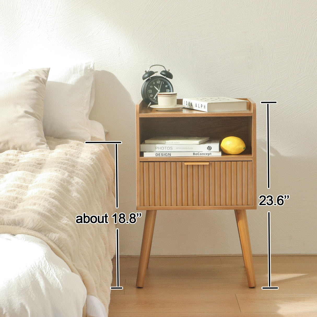 AWASEN Fluted Nightstand, Mid Century Modern Bedside Table with Storage Drawers, Wood Night Stand Bed Side Table with Solid Wood for Living Room, Bedroom, Office and Small Space (Brown) AWASEN