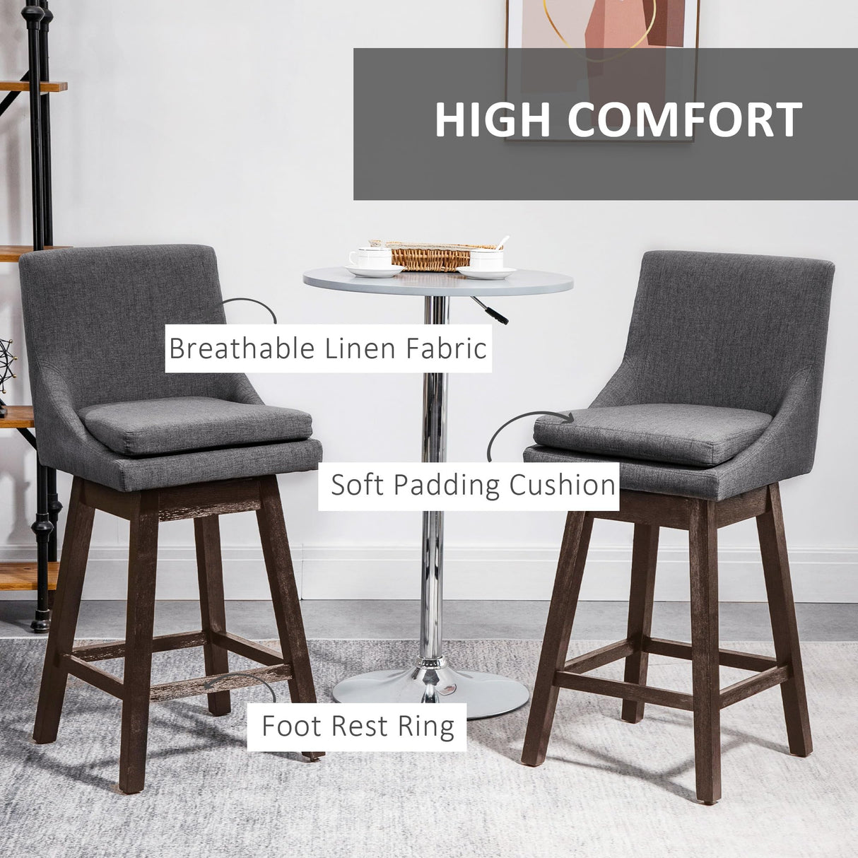 HOMCOM Bar Height Bar Stools Set of 2, Armless Upholstered Swivel Barstools Chairs with Soft Padding Cushion and Wood Legs, Dark Gray HOMCOM