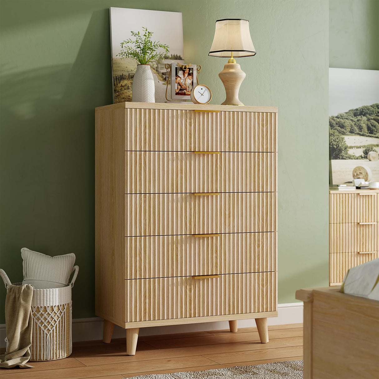 Lulive Dresser for Bedroom Wood Tall Dressers Drawers, Fluted Modern Dresser 5 Drawers Natural Lulive
