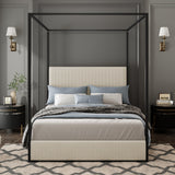 Merax Modern Luxury King Metal Canopy Bed with Tall Upholstered Headboard, Gold Four Poster Bed, No Box Spring Needed, Cream Merax
