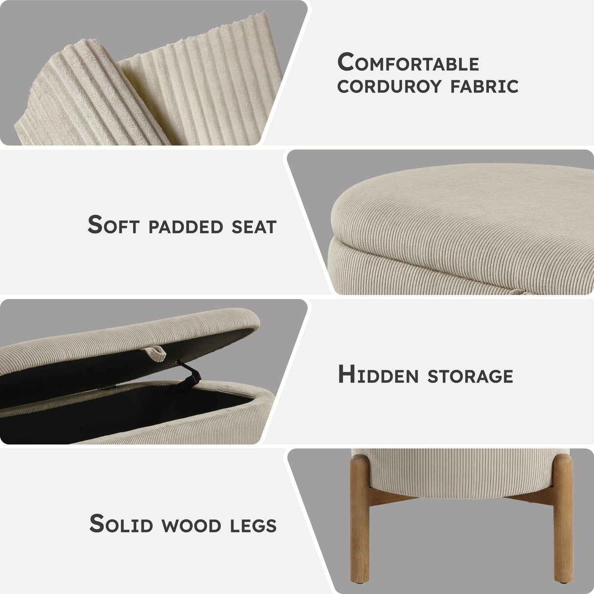 Lexicon Lift Top Storage Bench, Corduroy Upholstered Oval Entryway Bench with Solid Wood Leg Support, Modern Striped Storage Chest for Entryway/Living Room/Bedroom, Taupe Lexicon